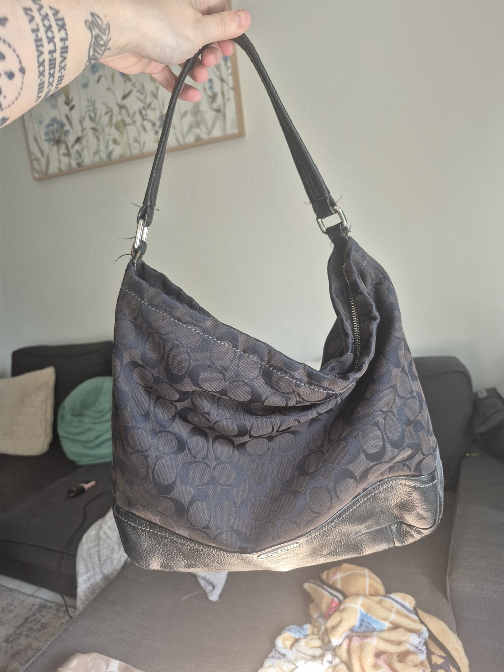 Coach Black Signature Hobo Shoulder Bag with Leather Trim
